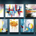 Six Abstract Paintings Hanging on Dark Blue Wall With Diverse Styles Vibrant Colors and Artistic Brushstrokes