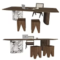 Modern Home Office Desk With Marble Top Wooden Stools Chair And Laptop