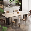 Elegant Modern Dining Area With Marble Table Beige Brown Chairs And Kitchen Backdrop 3d model