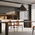 Modern Restaurant Open Kitchen Interior With Dining Table Chairs And Pendant Light 3d model