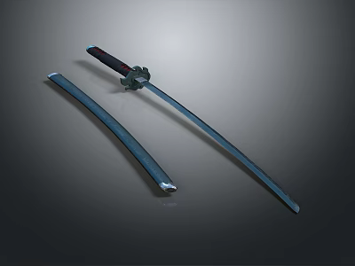 Traditional Samurai Sword With Black Handle Long Metal Blade And Scabbard 3d model