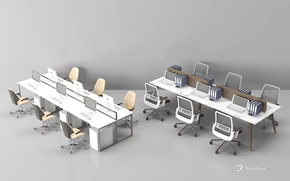Modern Office Desks in Contemporary Workspace Setup With Ergonomic Chairs Laptops And Storage Boxes 3d model 