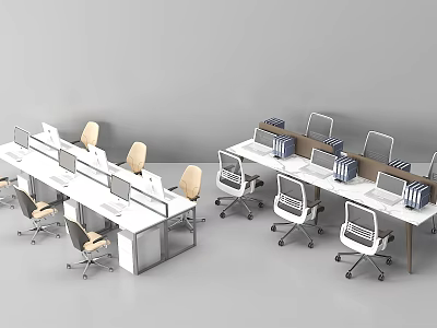 Modern Office Desks in Contemporary Workspace Setup With Ergonomic Chairs Laptops And Storage Boxes 3d model
