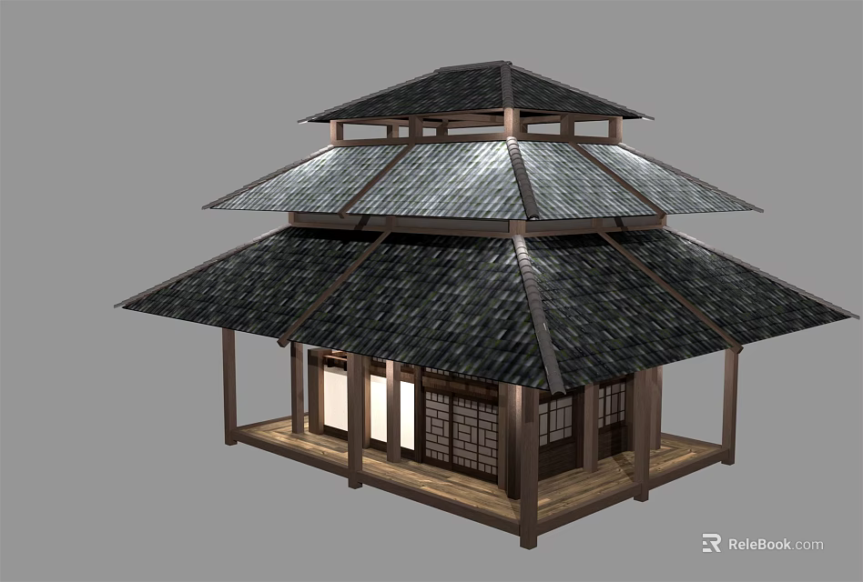 Ancient Chinese Architecture With Multi Tiered Tile Roof Wooden Structure And Veranda Windows 3d model 