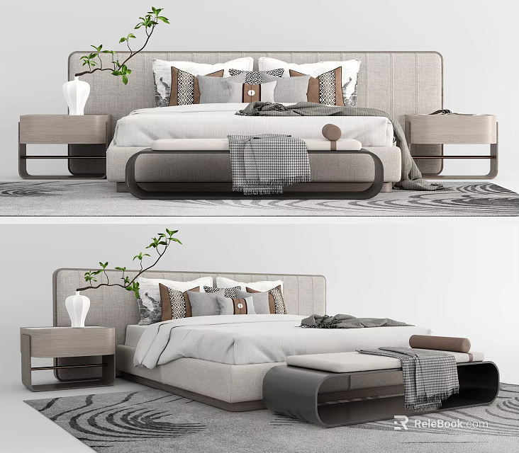 Modern Double Bed With Bedside Tables Decorative Pillows And Cozy Blanket 3d model