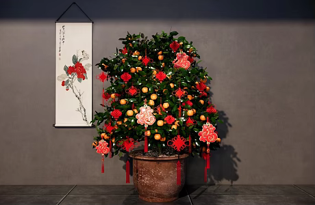 Potted New Chinese Style Fortune Tree Potted Kumquat Tree Orange Tree Green Planting Tree Bonsai Chinese Knot Pendant 3d model