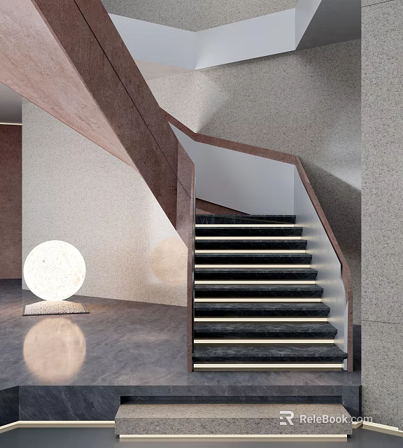 Modern Interior Staircase With Black Steps LED Strip Lighting And Round Floor Lamp 3d model 