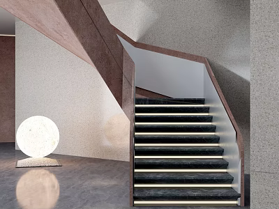 Modern Interior Staircase With Black Steps LED Strip Lighting And Round Floor Lamp 3d model