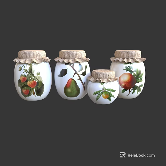 Decorative Jars With Fruit Prints And Fabric Lids For Home Decoration 3d model 