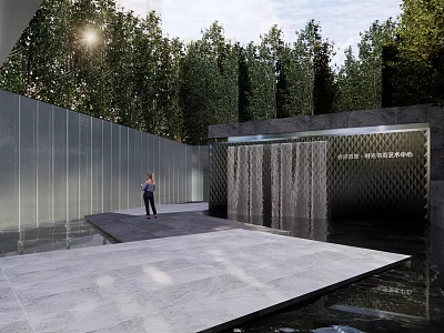 Contemporary Garden Landscape With Water Curtain Stone Flooring And Tall Trees 3d model