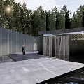 Contemporary Garden Landscape With Water Curtain Stone Flooring And Tall Trees