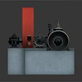 Industrial Mechanical Equipment With Red Wheel Black Body And Base Blocks