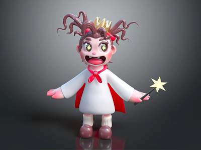 Game Movie Character Featuring Curly Hair Crown Yellow Eyes Red Cape And Star Wand 3d model