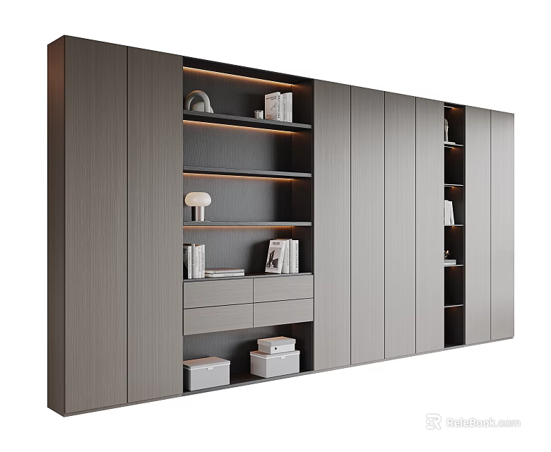 Modern Bookcase Design With Open Shelves Cabinet Doors Books Decorative Lamp And Storage Boxes 3d model 