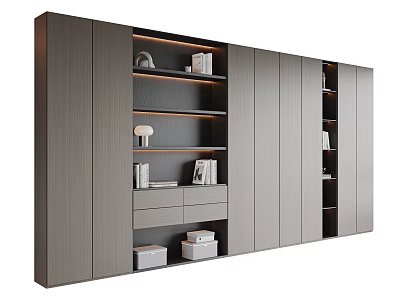 Modern Bookcase Design With Open Shelves Cabinet Doors Books Decorative Lamp And Storage Boxes 3d model