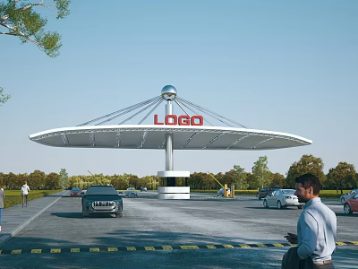 Modern Entrance Gate With Umbrella Like Structure Logo Cars People And Parking Lot Trees 3d model