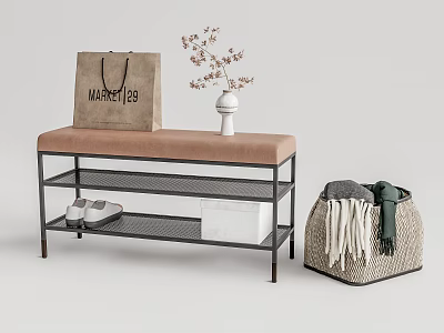 Sofa Bench with Metal Frame Storage Shelf Woven Basket Vase and Dried Flowers 3d model