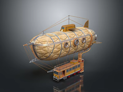 Vintage Airship With Wooden Structure Metal Frame Round Windows And Attached Carriage 3d model