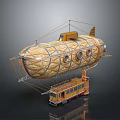 Vintage Airship With Wooden Structure Metal Frame Round Windows And Attached Carriage