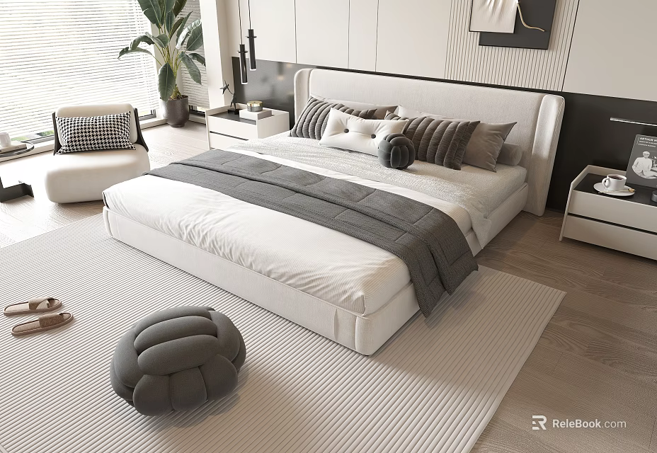 Modern Double Bed In Minimalist Bedroom With White Frame Gray Blanket And Pillows 3d model 