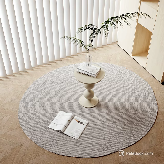 Cozy Living Room Light Colored Side Table On Round Rug With Potted Plant And Books 3d model 