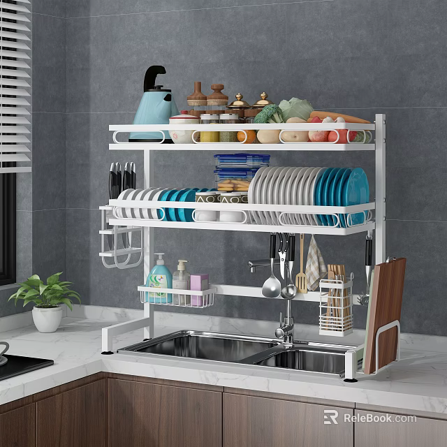 Multi Tiered Metal Kitchen Rack Above Sink With Dishes Spice Jars And Fruits 3d model 
