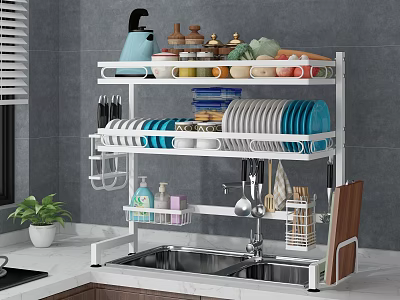 Multi Tiered Metal Kitchen Rack Above Sink With Dishes Spice Jars And Fruits 3d model