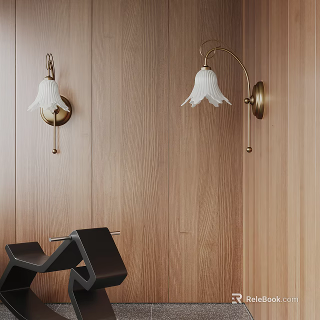 Modern Wall Lamps On Wooden Wall With White Bell Shaped Shades And Brass Brackets 3d model 