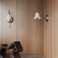Modern Wall Lamps On Wooden Wall With White Bell Shaped Shades And Brass Brackets