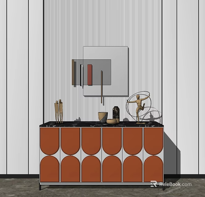 Modern Entryway Side Cabinet With Orange White Round Pattern And Decorative Ornaments 3d model