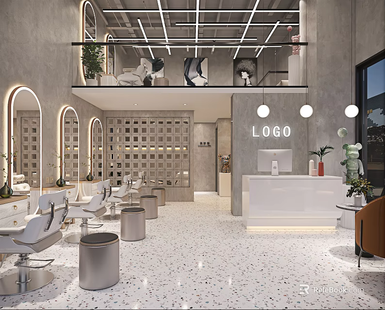 Modern Hair Salon Interior With White Chairs Round Mirrors Open Layout And Upper Floor Seating 3d model 