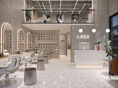 Modern Hair Salon Interior With White Chairs Round Mirrors Open Layout And Upper Floor Seating 3d model