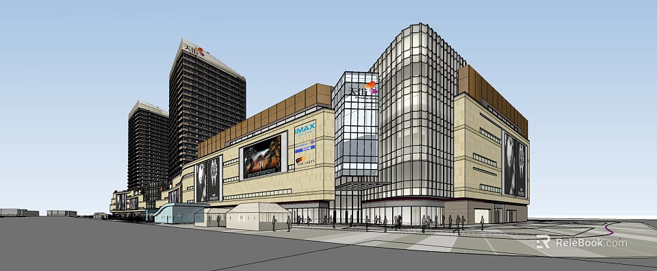 Modern Commercial Complex With Glass Facade Billboards High Rise Buildings And Pedestrian Entrance 3d model 