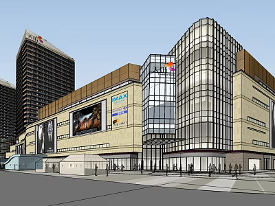 Modern Commercial Complex With Glass Facade Billboards High Rise Buildings And Pedestrian Entrance 3d model