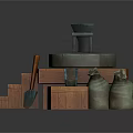 Traditional Stone Mill Setup With Wooden Frame Burlap Sacks And Mortar On Stand
