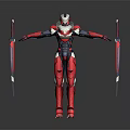 Biomech Sci Fi Warrior Character In Red White Armor Holding Swords Arms Outstretched