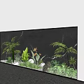 Indoor Landscape With Various Ferns Green Plants Dark Marble Background And Gray Stone Floor