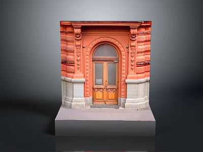 Orange Decorative Entrance Door With Arched Design And Wooden Panels On White Base 3d model