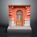 Orange Decorative Entrance Door With Arched Design And Wooden Panels On White Base