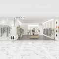 Modern Clothing Store With White Walls Marble Floors Hanging Clothes Mannequins Plants And Round Table