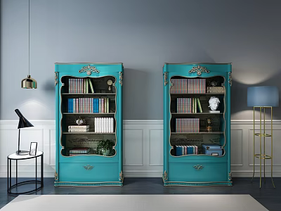 Ornate Turquoise Bookcases With Gold Accents Filled With Books And Decor Against Gray Wall 3d model