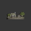 Charming Cartoon Scene With Cottage Chimney Fence Stream Wooden Bridge Trees And Flowers