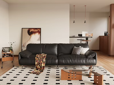 Stylish Modern Living Room Interior With Black Leather Sofa Geometric Rug And Wooden Coffee Table 3d model