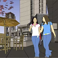 Multi Level Commercial Street Featuring Staircases Green Plants Outdoor Seating And Umbrellas