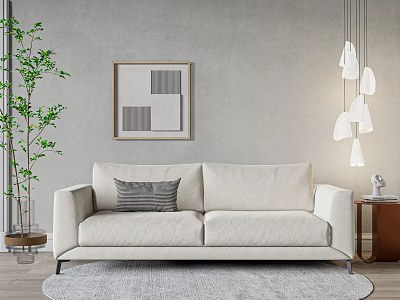 Modern Beige Two Seater Sofa with Grey Cushion Decorative Painting Green Plant and Pendant Lights 3d model