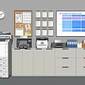 Organized Office Bookcase Setup With Printer File Cabinet Calendar Clock And Projection Screen 3d model