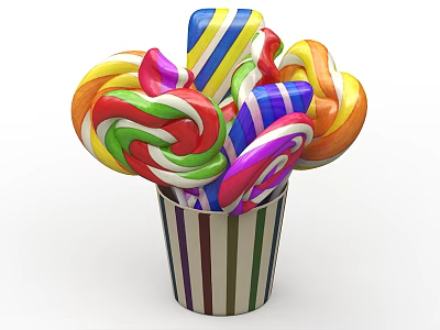 Colorful Assorted Lollipops in Striped Paper Cup for Party Treats 3d model