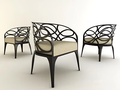 Modern Leisure Chair with Intricate Circular Cutout Black Metal Frame and Beige Cushioned Seat 3d model
