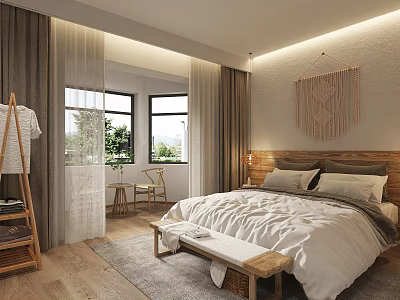 Hotel Room Interior With Wooden Headboard White Linens Natural Light And Macramé Hanging 3d model