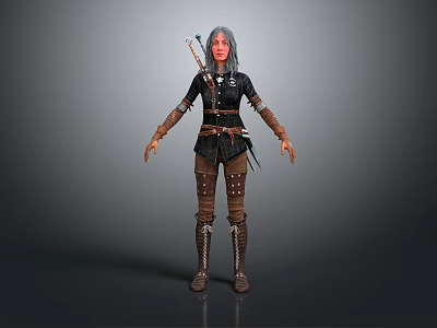 Gray Haired Fantasy Mythical Character Wearing Black Leather Armor With Axe 3d model